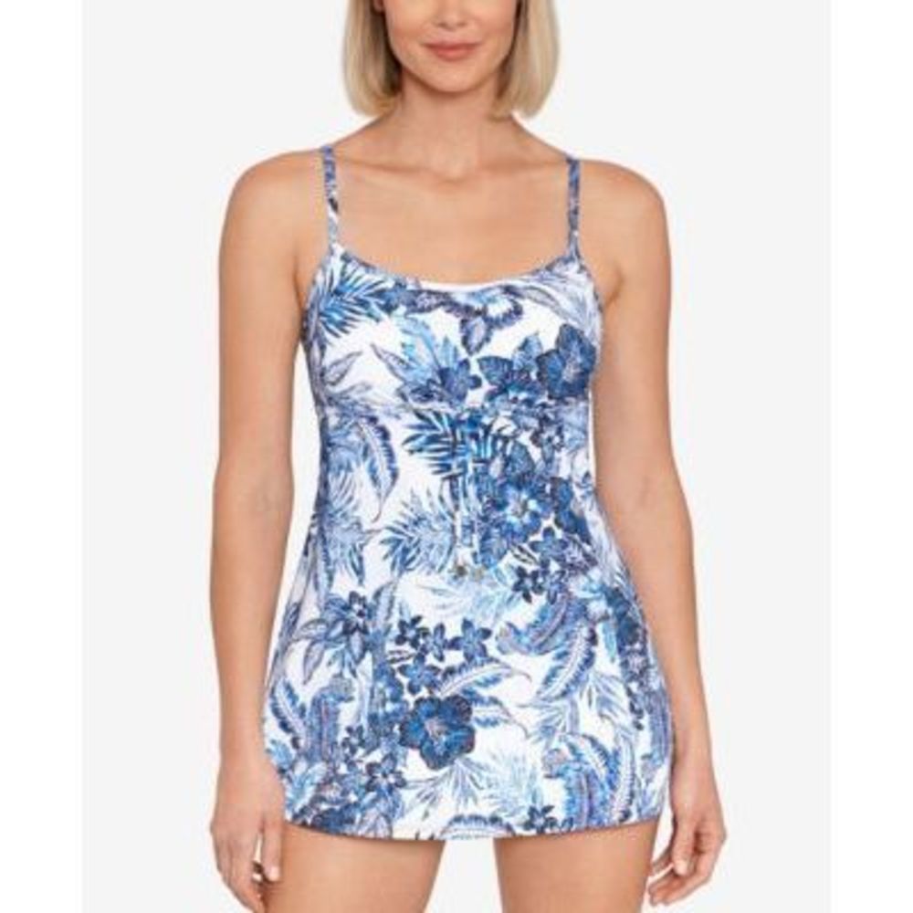 NWT Swim Solutions Womens Printed Empire Swimdre Denim Blooms BLUE 14
